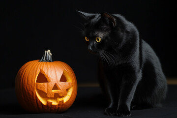 A black cat sitting next to a carved pumpkin, isolated on a black background. Black cat wearing witch hat. Halloween celebration