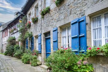 Treguier, old city in Brittany, typical street and houses
