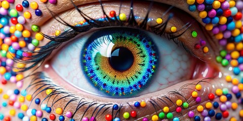 Fototapeta premium Photo image of a pair of contact lenses surrounded by a kaleidoscope of colorful dots, with a bright blue core.