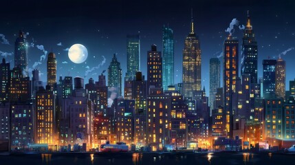 Obraz premium A vibrant night cityscape with a full moon and glowing buildings.