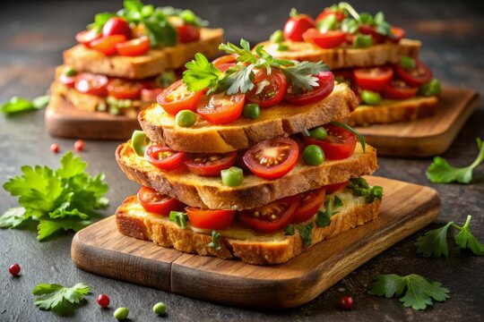 A photo image of a stack of crispy, golden brown tostas topped with juicy tomatoes, creamy avocado, crispy bacon, and a sprinkle of fresh cilantro