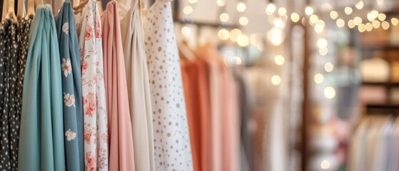 Obraz premium Fabric Swatches Hanging on a Clothes Rack with Bokeh Lights