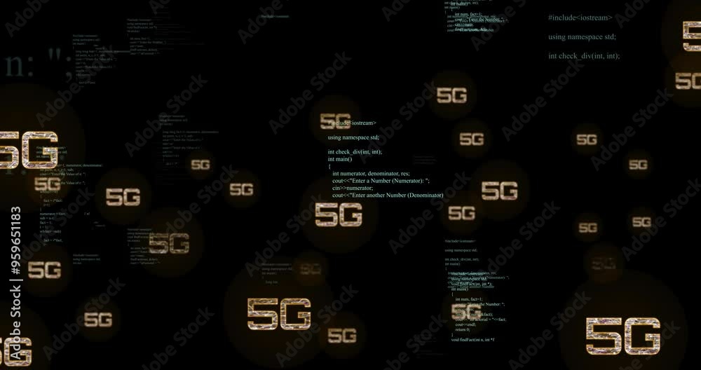 Poster 5g text animation over programming code on black background