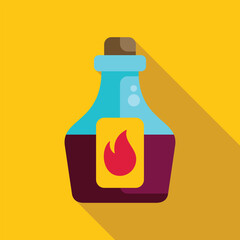 Glass bottle containing a red flammable liquid with a fire symbol, long shadow design