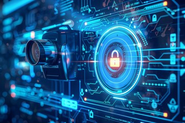 Security concept: Lock on digital screen, camera positioned above the screen