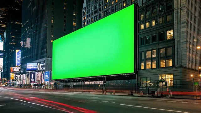 A large green screen billboard in Times Square at night, ideal for advertising concepts and New Year's Eve celebrations