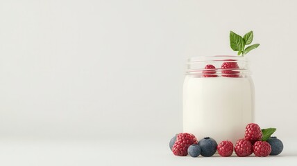 A fresh jar of yogurt topped with raspberries and blueberries, surrounded by berries on a clean, minimalist background.