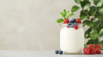 A refreshing yogurt jar topped with vibrant berries and mint, perfect for healthy snacks or desserts.