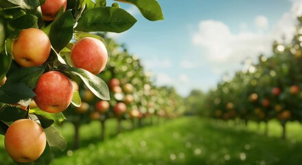 Obraz premium A serene apple orchard scene with bright red apples and lush green grass under a clear blue sky, perfect for nature lovers.