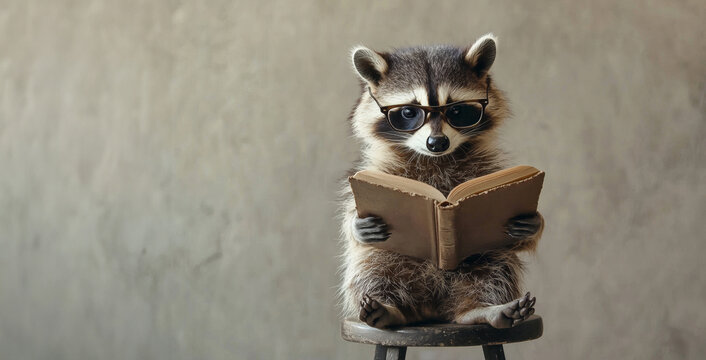 A studious raccoon wearing glasses and reading a book while seated on a stool. This image is perfect for themes of learning, education, and curiosity.