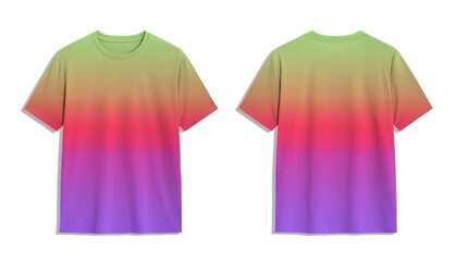 Front and back view of a t shirt with a colorful ombre design