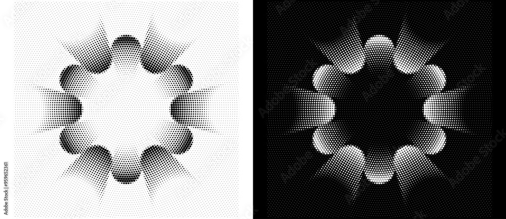 Aufkleber halftone shape as icon or background. abstract floral vector with dots as logo or emblem. black shap