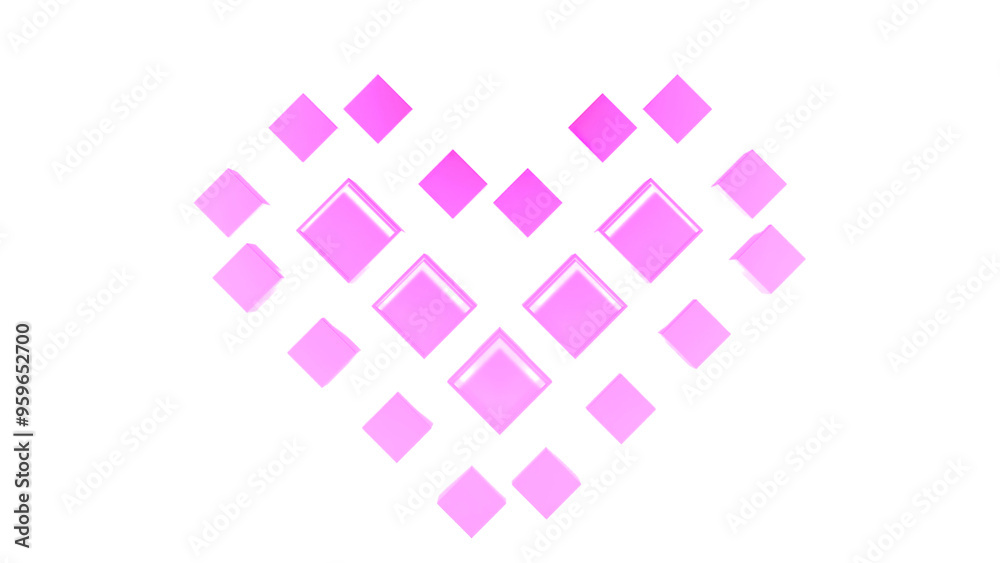 Poster animation with moving squares in shape of heart. motion. 3d pixel-style squares move in shape of hea