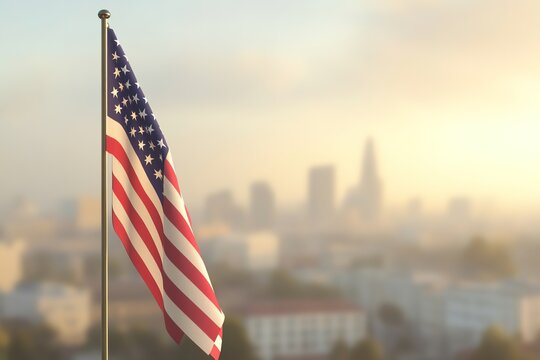 American flag waves in golden sunrise with city silhouette