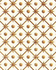 A pattern of gold lines, starbursts, and flower embellishments on a cream background evokes an elegant, vintage feel.