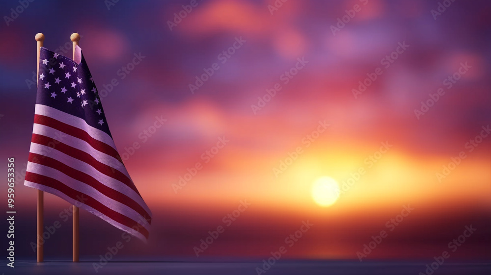 Wall mural patriotic american flag waving on sunset background for memorial day, 4th of july, labor day, and in