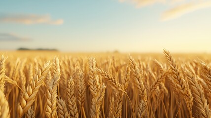 Fototapeta premium Golden wheat field under a bright sky, symbolizing abundance and nature's beauty. Perfect for agricultural themes and landscapes.