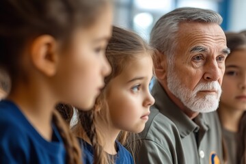 Elderly man with children listening attentively.