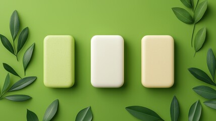 Three elegant soap bars in soft colors placed on a green background with leaves, perfect for eco-friendly product promotions.