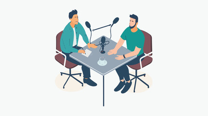 
people are talking on a podcast, sitting at a table, asking each other questions, each talking into a microphone white background