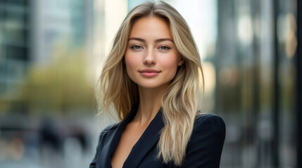 Obraz premium Portrait of a beautiful blonde caucasian european woman in suit outdoors with a blurry business center in backdrop