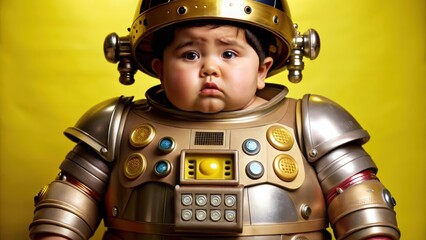 Fototapeta premium Baby in a Futuristic Space Suit Against a Yellow Background