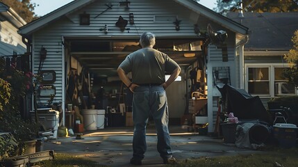 Fototapeta premium Man Standing in Front of Garage Door with Cluttered Interior