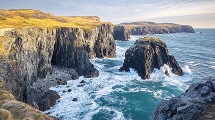 A breathtaking view of a rugged coastline with dramatic cliffs and crashing waves.