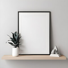 Frame with copy space on living room shelf. Template for artwork, painting, photo or poster	