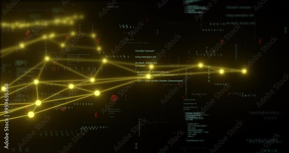 Poster network connections and data processing animation over dark background with code