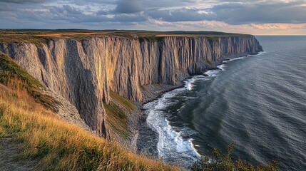 A dramatic cliff face overlooking a vast ocean with waves crashing at the base and a cloudy sky overhead.