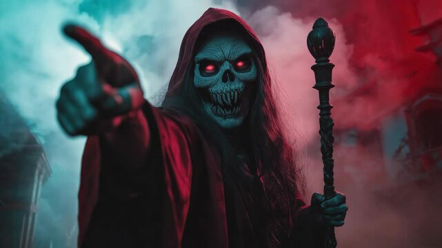 skeleton mage holding magic staff with sharp teeth,  smoke and light background