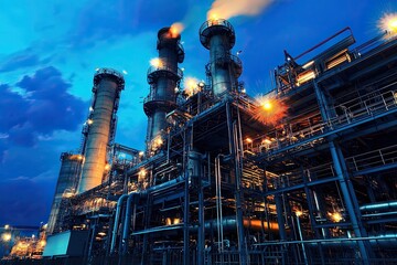 Fototapeta premium Power plant with smoking chimneys at sunset. Energy generation and heavy industry