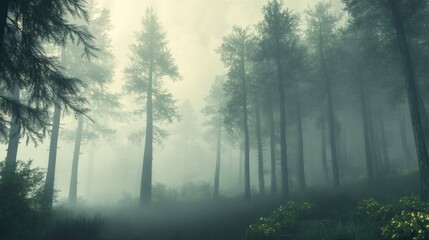 Foggy forest with tall trees, sunlight filtering through the mist, and wildflowers blooming at the base of the trees.