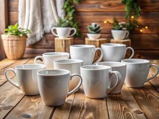 A photo image of a collection of plain white ceramic mugs arranged on a rustic wooden table in a cozy home setting.