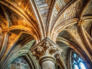 Obraz premium Majestic stone corbel vault arcs above ancient cathedral pews, intricate carvings showcasing medieval craftsmanship on worn, weathered blocks.