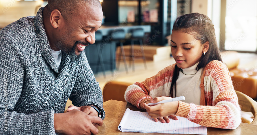 Poster Father, child and homework with book on table for learning assessment, knowledge and support in education. Happy, family and man with girl in house for development, homeschool and help with studying
