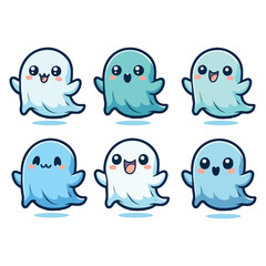 Cute ghost floating for Halloween Trick or Treat. Funny spooky boo character. Spook phantom with happy smiling face expression. kids flat vector illustration.