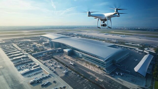 A white drone is flying over a city with a large airport in the background