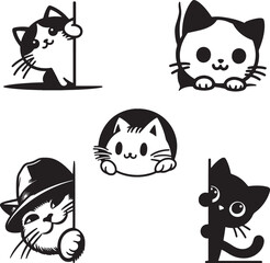 silhouette of cat peeking set vector art illustration.
