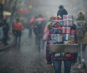 Obraz premium illustration of the back of a gift laden girl, she is well wrapped.