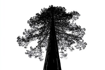 Silhouette of a tall redwood tree against a white background.