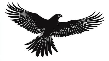 Obraz premium Black silhouette of a soaring hawk with wings spread wide.