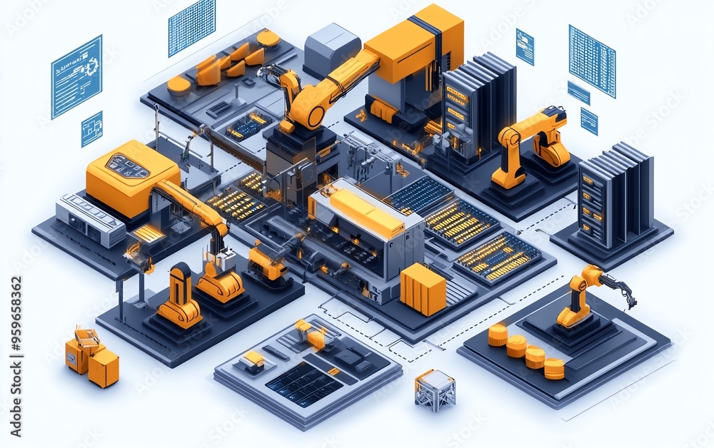 Poster automation concept featuring industrial business process workflow optimization, with checkboxes and 