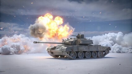 Fototapeta premium A tank firing its main gun in a snowy landscape