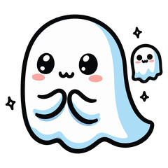 Cute ghost floating for Halloween Trick or Treat. Funny spooky boo character. Spook phantom with happy smiling face expression. kids flat vector illustration.