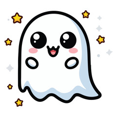 Cute ghost floating for Halloween Trick or Treat. Funny spooky boo character. Spook phantom with happy smiling face expression. kids flat vector illustration.