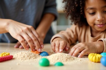 Child playing with sensory table, sand, and colorful toys