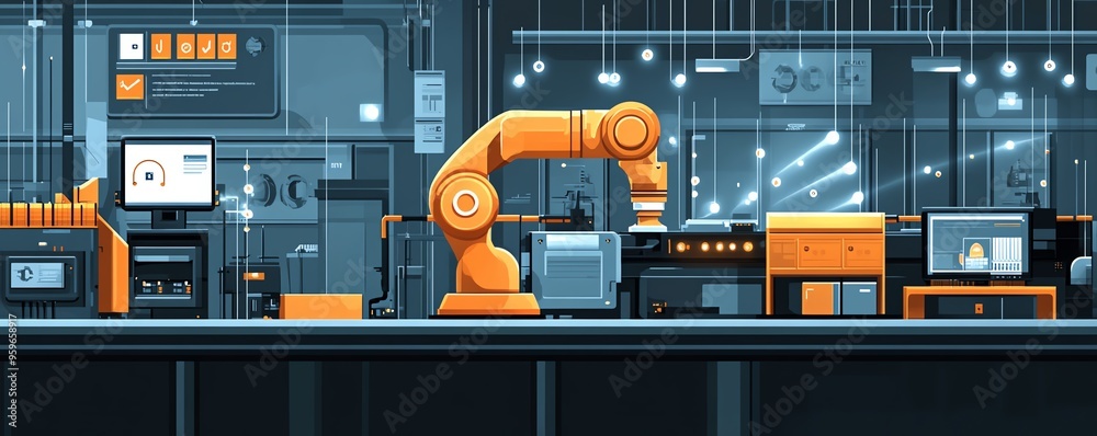 Poster automation in industrial business processes, showcasing workflow optimization with checkboxes and vi