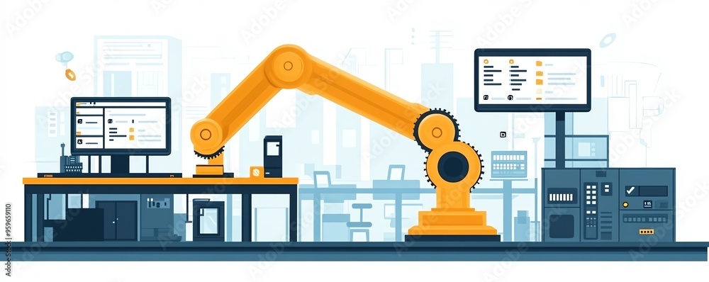 Poster automation in industrial business processes, showcasing workflow optimization with checkboxes and vi